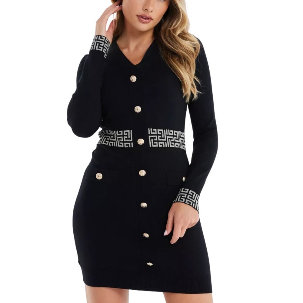 QUIZ Old Money Greek Key Knit Mini Dress Gold Lion Buttons L